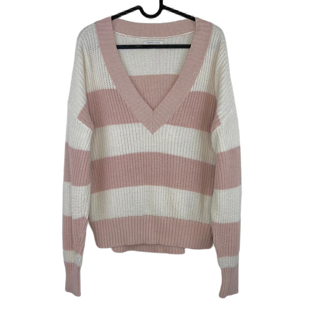 American Eagle Oversized Slouchy V Neck Pullover Striped Knit Sweater Size Small - Picture 2 of 6